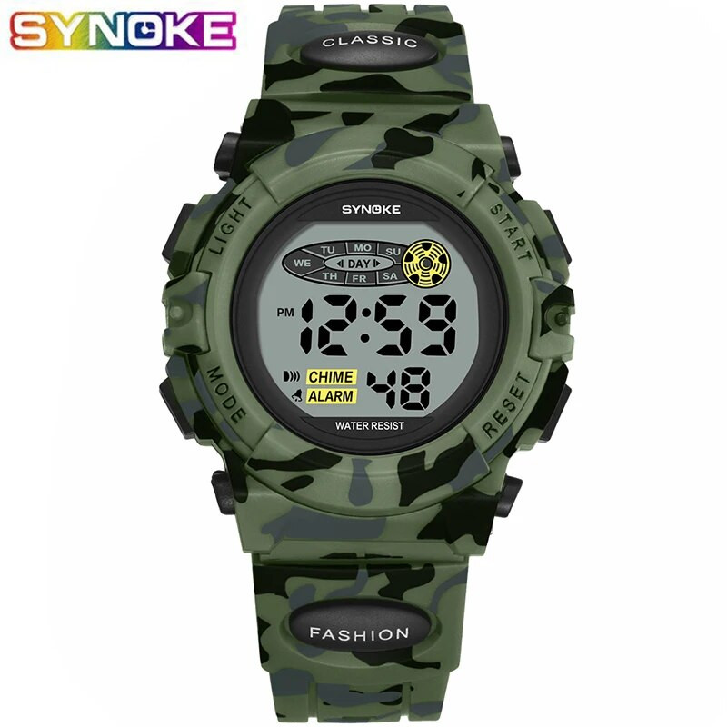 SYNOKE Sport Militar Ceasuri Digitale Copii Ceas Student Copii Moda Luminos Led Alarma Camuflaj Ceas Verde Baiat