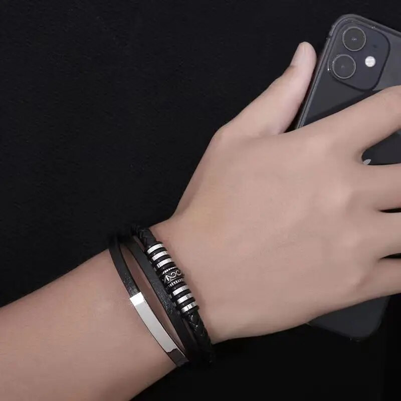 Brățară clasică din piele țesută manual neagră Brățară cu cataramă magnetică de culoare argintie multistrat Brățară casual pentru bărbați Bijuterii