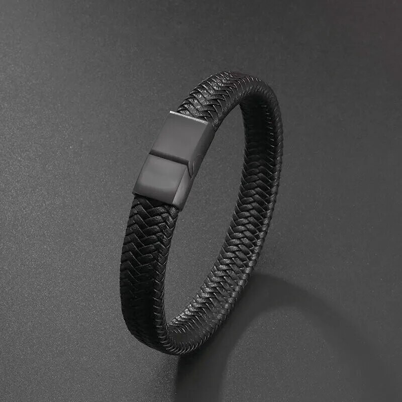 Brățară clasică din piele țesută manual neagră Brățară cu cataramă magnetică de culoare argintie multistrat Brățară casual pentru bărbați Bijuterii