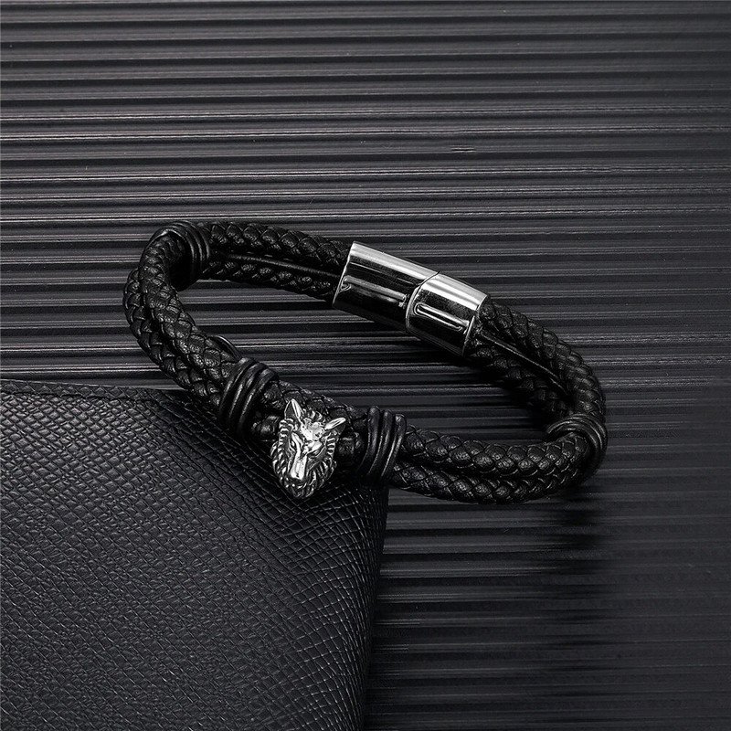 Meeste viikingite hundi mitmekihiline nahast käevõru Norra roostevabast terasest magnetiline randmepael Käsitsi valmistatud skandinaavia ehted meestele kingitused