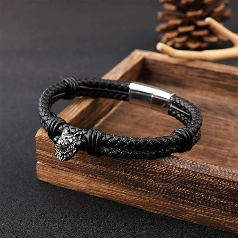 Meeste viikingite hundi mitmekihiline nahast käevõru Norra roostevabast terasest magnetiline randmepael Käsitsi valmistatud skandinaavia ehted meestele kingitused