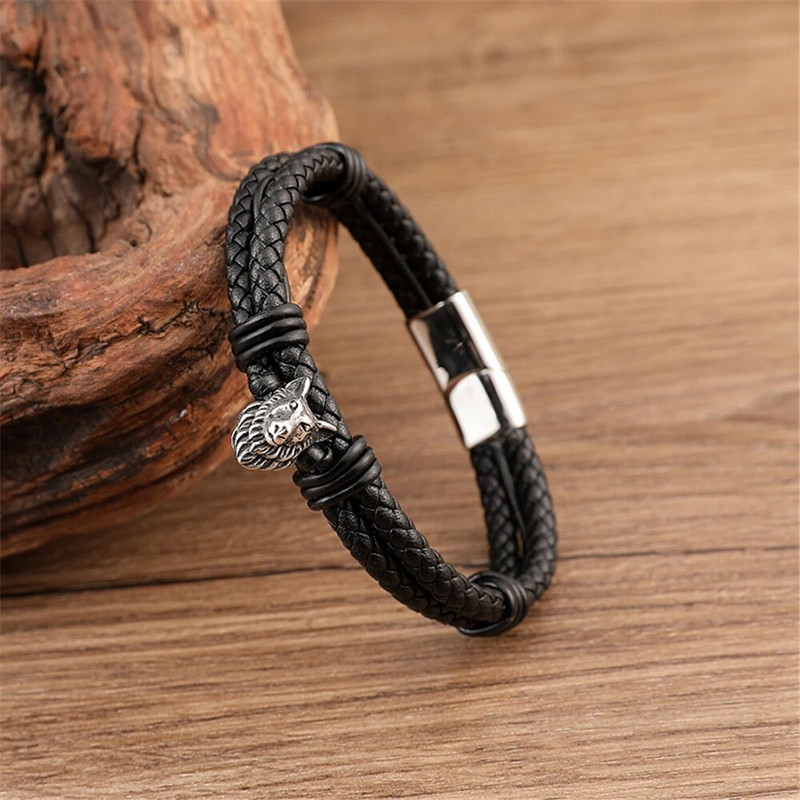 Meeste viikingite hundi mitmekihiline nahast käevõru Norra roostevabast terasest magnetiline randmepael Käsitsi valmistatud skandinaavia ehted meestele kingitused