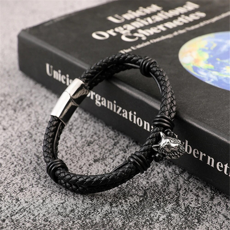 Meeste viikingite hundi mitmekihiline nahast käevõru Norra roostevabast terasest magnetiline randmepael Käsitsi valmistatud skandinaavia ehted meestele kingitused