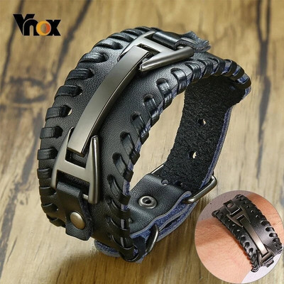 Brățară lată din piele Vnox pentru bărbați Brățară elegantă din piele naturală cu brățări din metal cu farmec Punk pentru bărbați