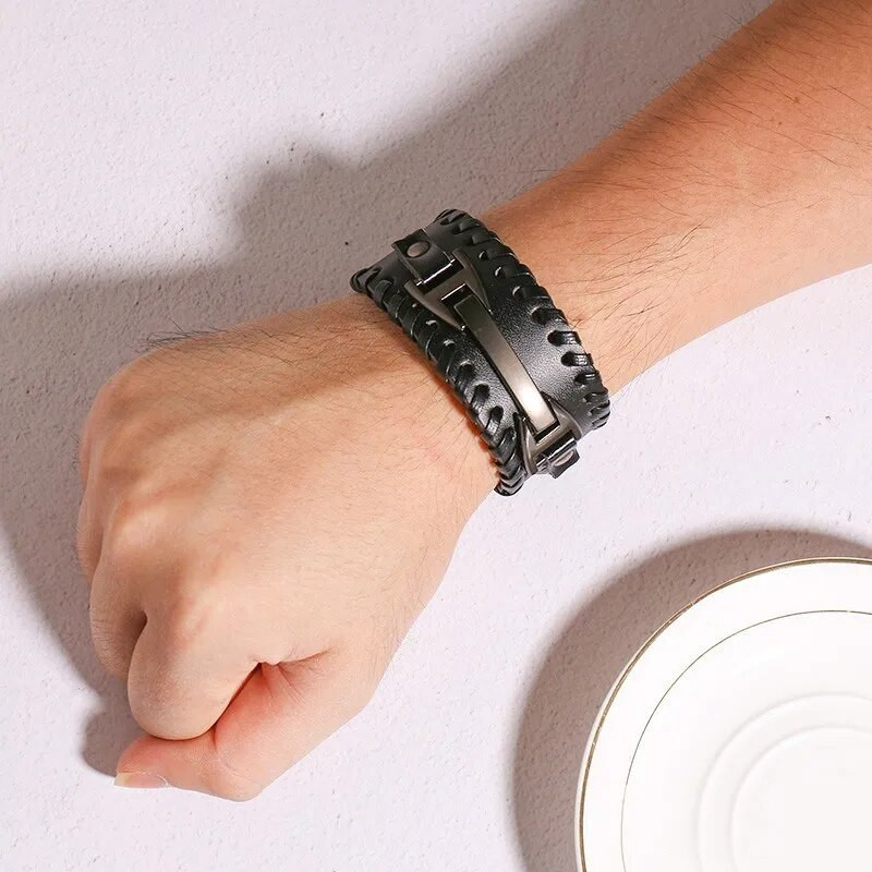 Brățară lată din piele Vnox pentru bărbați Brățară elegantă din piele naturală cu brățări din metal cu farmec Punk pentru bărbați