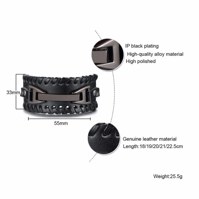 Brățară lată din piele Vnox pentru bărbați Brățară elegantă din piele naturală cu brățări din metal cu farmec Punk pentru bărbați