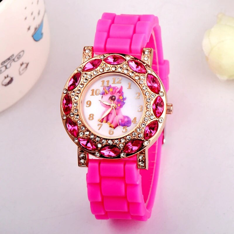 Γελοιογραφία χαριτωμένα κορίτσια Παιδικά δώρα για πάρτι γενεθλίων Μονόκερος Ρολόγια χαλαζία με στρας σιλικόνης Μαθητικό ρολόι