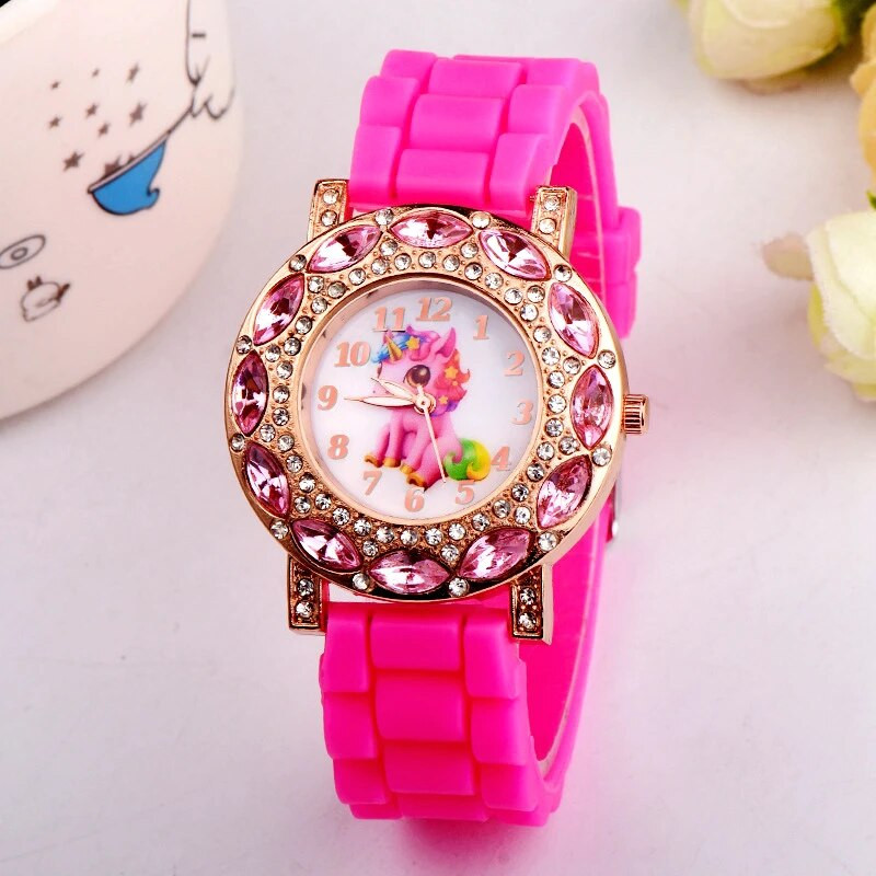 Γελοιογραφία χαριτωμένα κορίτσια Παιδικά δώρα για πάρτι γενεθλίων Μονόκερος Ρολόγια χαλαζία με στρας σιλικόνης Μαθητικό ρολόι