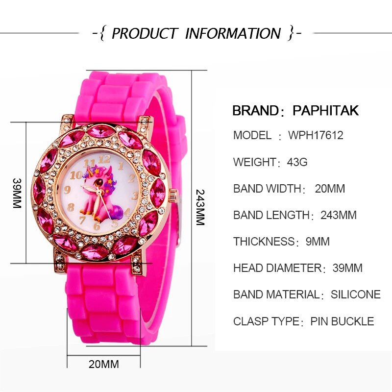 Γελοιογραφία χαριτωμένα κορίτσια Παιδικά δώρα για πάρτι γενεθλίων Μονόκερος Ρολόγια χαλαζία με στρας σιλικόνης Μαθητικό ρολόι