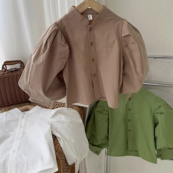 Блуза с буф ръкав за момиченце, памучна риза за бебета, малки деца, есенно-пролетно горнище, блузи, едноцветни бебешки дрехи 1-7 г.