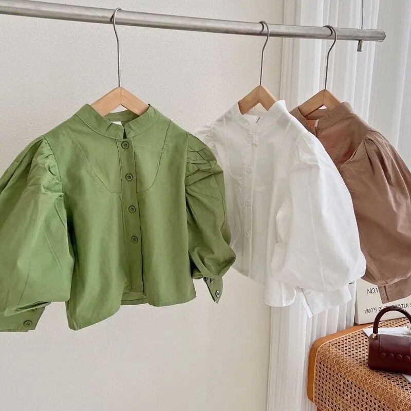 Bluză cu mâneci bufante pentru fetiță, din bumbac, cămașă pentru copii mici, toamnă, primăvară, top Bluze, culoare uni, haine pentru bebeluși 1-7 ani