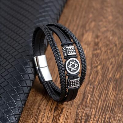 MKENDN Brățară vintage cu hexagramă nordică cu stea de David pentru bărbați, din oțel inoxidabil, cu șase puncte, bijuterii punk din piele.