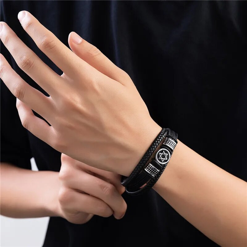 MKENDN Brățară vintage cu hexagramă nordică cu stea de David pentru bărbați, din oțel inoxidabil, cu șase puncte, bijuterii punk din piele.