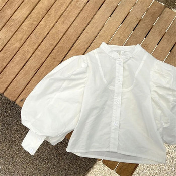 Блуза с буф ръкав за момиченце Памучна риза на принцеса за малко дете Есенно пролетно горнище Бяла блуза Бебешки дрехи във френски стил 1-7г