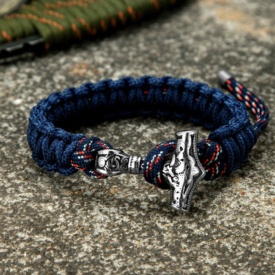 Brățări de supraviețuire cu ciocan Viking Thors Brățări pentru bărbați reglabile din oțel inoxidabil Norse Mjolnir Paracord frânghie brățară lucrate manual pentru iubitorii de bijuterii