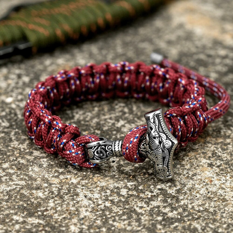 Brățări de supraviețuire cu ciocan Viking Thors Brățări pentru bărbați reglabile din oțel inoxidabil Norse Mjolnir Paracord frânghie brățară lucrate manual pentru iubitorii de bijuterii