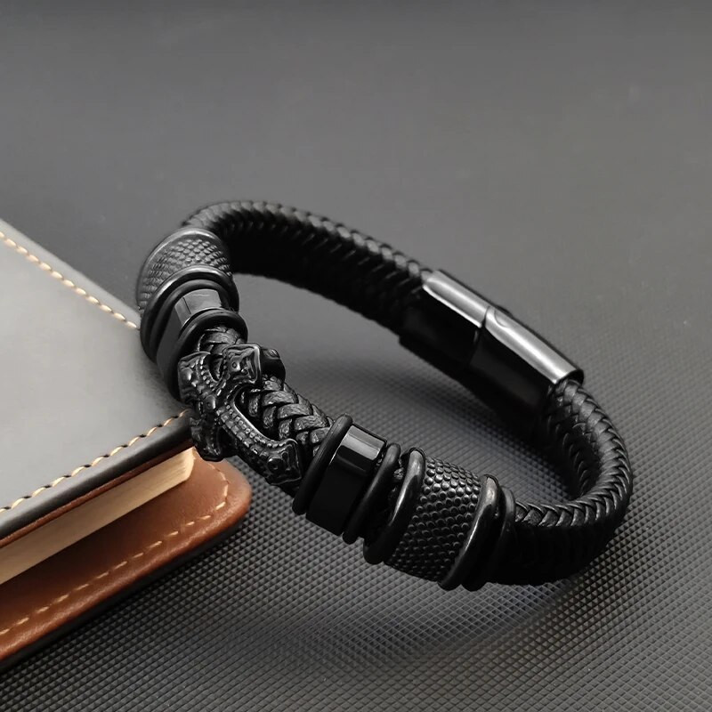 Brățară cruce din piele pentru bărbați din seria întunecată, frânghie țesută manual, combinație cu mai multe straturi, cadou de bijuterii masculine din oțel inoxidabil