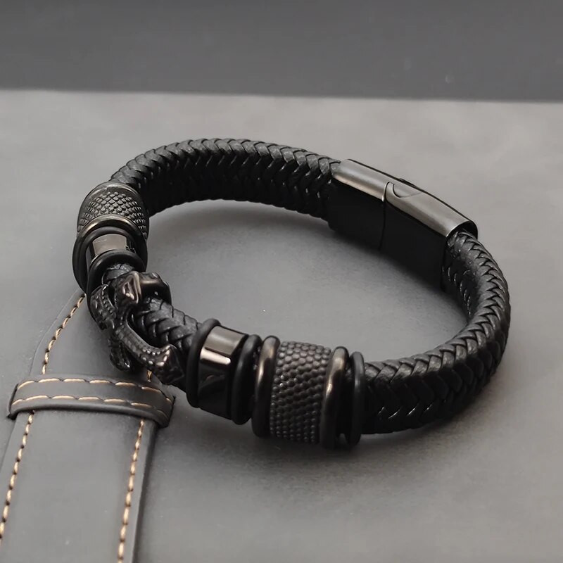 Brățară cruce din piele pentru bărbați din seria întunecată, frânghie țesută manual, combinație cu mai multe straturi, cadou de bijuterii masculine din oțel inoxidabil