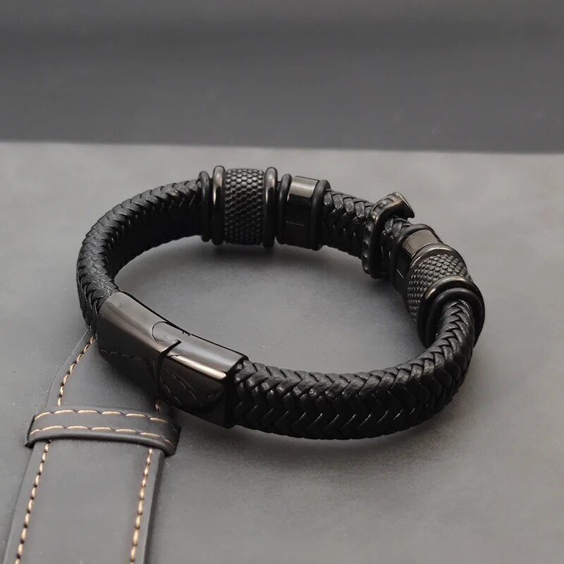 Brățară cruce din piele pentru bărbați din seria întunecată, frânghie țesută manual, combinație cu mai multe straturi, cadou de bijuterii masculine din oțel inoxidabil