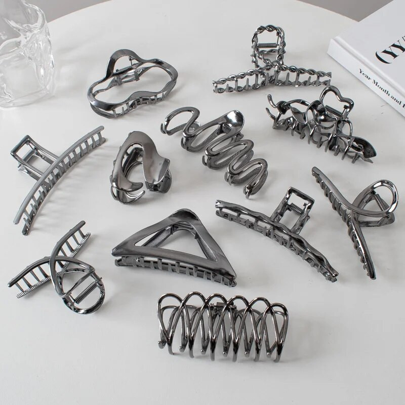 Suured metallist geomeetrilised juukseklambrid, hõbedased korea moe-hai klambrid, Y2k juuksenõelad, juuksenõelad, juuste aksessuaarid naistele
