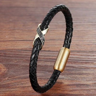 XQNI Infinity Logo Design Brățară din piele pentru bărbați Cruce de lux Bijuterii din oțel inoxidabil Brățări cadou cu cataramă magnetică