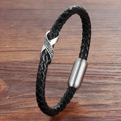 XQNI Infinity Logo Design Brățară din piele pentru bărbați Cruce de lux Bijuterii din oțel inoxidabil Brățări cadou cu cataramă magnetică
