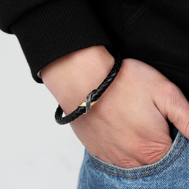 XQNI Infinity Logo Design Brățară din piele pentru bărbați Cruce de lux Bijuterii din oțel inoxidabil Brățări cadou cu cataramă magnetică