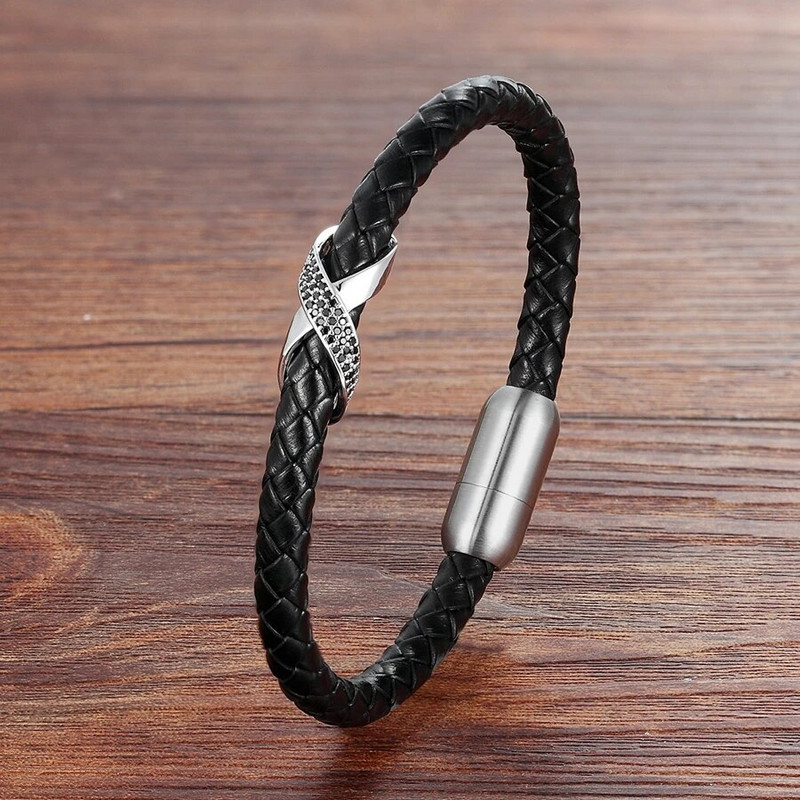 XQNI Infinity Logo Design Brățară din piele pentru bărbați Cruce de lux Bijuterii din oțel inoxidabil Brățări cadou cu cataramă magnetică