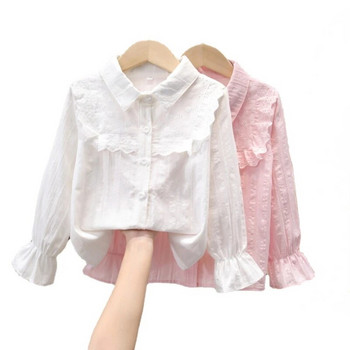 2023 Пролет Есен Детски ризи с дълъг ръкав Ученическа риза Бебешки малки тийнейджърки Дантелена бяла блуза Горнища Детски дрехи
