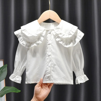 Бебешки блузи за момичета Детски бели сини ризи 2024 Пролет Есен Горнища с яка за кукли 1 до 6 години Детско облекло в корейски стил