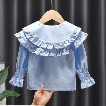Бебешки блузи за момичета Детски бели сини ризи 2024 Пролет Есен Горнища с яка за кукли 1 до 6 години Детско облекло в корейски стил