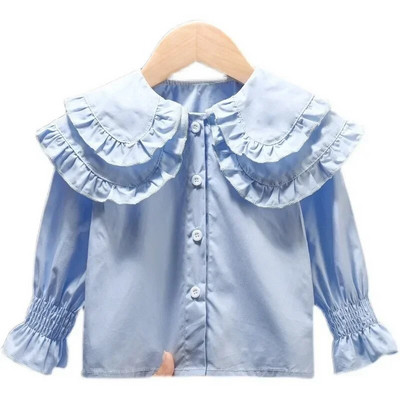 Bluze pentru fetițe Cămăși pentru copii, alb, albastru, 2024, primăvară, toamnă, guler pentru păpuși, topuri, 1 - 6 ani, îmbrăcăminte în stil coreean pentru copii