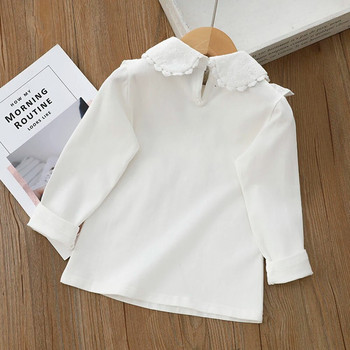 Риза за момичета Bear Leader 2023 Есен Нова бяла дантелена перлена панделка с дълъг ръкав за момичета Сладка риза Детска памучна ежедневна риза