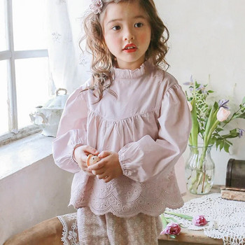 Есенна дантелена свободна блуза за момичета, корейски Ins, ново бебе, момиче с волани, кръгло деколте и дълги ръкави, елегантни и сладки ризи