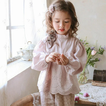 Φθινοπωρινά κορίτσια κούφια δαντέλα φαρδιά μπλούζα Κορεάτικη μπλούζα Νέο μωρό κοριτσάκι με βολάν, μακρυμάνικο λαιμόκοψη, κομψά και χαριτωμένα πουκάμισα