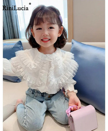 RiniLucia Корейски Елегантни блузи за бебета и момичета 2023 Пролет Детски горнища с дълъг ръкав Есенни дантелени волани Сладки детски ризи Дрехи