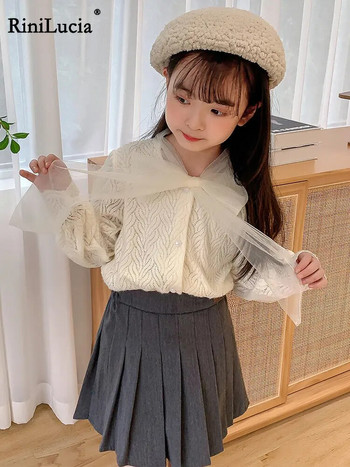 RiniLucia Корейски Елегантни блузи за бебета и момичета 2023 Пролет Детски горнища с дълъг ръкав Есенни дантелени волани Сладки детски ризи Дрехи