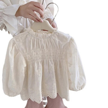 Νέο ανοιξιάτικο κοριτσίστικο πουκάμισο όρθιο γιακά με κεντημένο πλισέ μπουφάν Φθινοπωρινό μακρυμάνικο top hollow δαντέλα παιδικά ρούχα