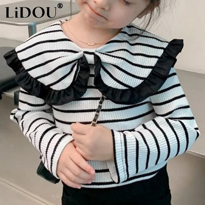 2024. aasta kevad-sügis Korea mood, magus pullover, šikk vintage esteetiline grace, elegantne T-särk Lasteriided, triibud, tüdrukud