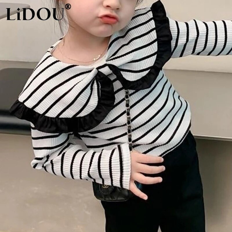 2024. Proljeće Jesen Korejska moda Slatki pulover Chic Vintage Aesthetic Grace Elegantna majica Dječja odjeća Top s prugama za djevojke