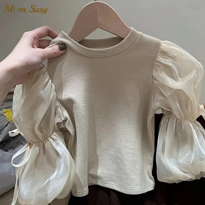 Tricou din bumbac pentru fetiță de modă, cu mâneci bufante, pentru sugari, pentru fetiță, pulover cu mânecă lungă, de sus, de culoare uni, haine pentru bebeluși 1-7