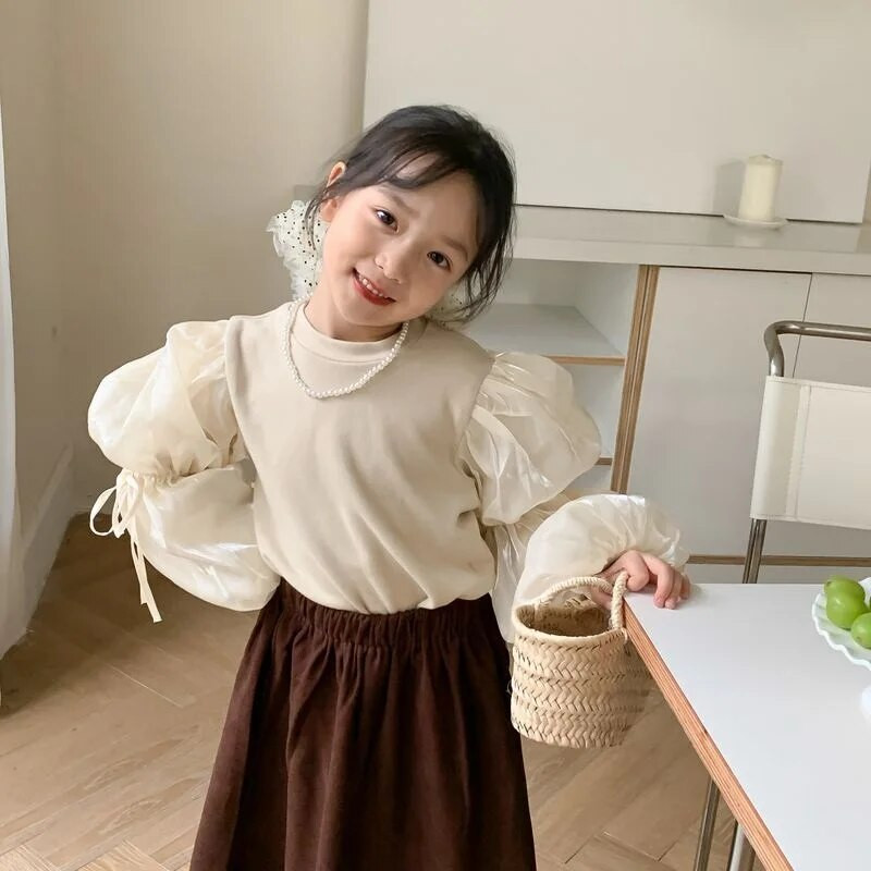 Madingi kūdikių medvilniniai marškinėliai pūstomis rankovėmis kūdikiams, mažiems mergaitėms, megztiniai ilgomis rankovėmis, viršutiniai vienspalviai drabužėliai kūdikiams 1-7