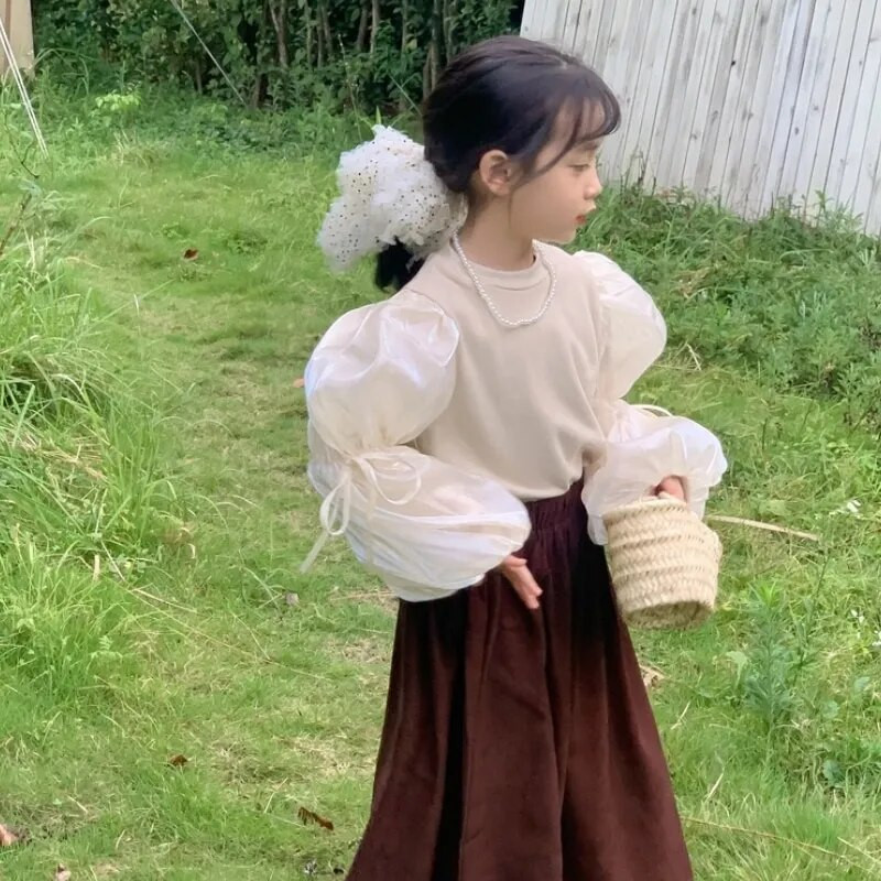 Madingi kūdikių medvilniniai marškinėliai pūstomis rankovėmis kūdikiams, mažiems mergaitėms, megztiniai ilgomis rankovėmis, viršutiniai vienspalviai drabužėliai kūdikiams 1-7