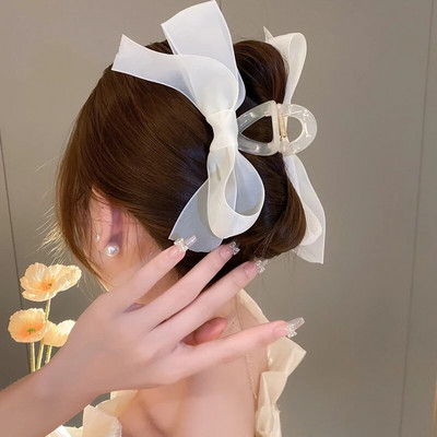 Panglică de mătase dulce cu ciucuri Agrafe cu gheare de păr cu fundă mare pentru femei, clemă elegantă cu fundă neagră, coadă de cal, clemă de păr, accesorii pentru călărie