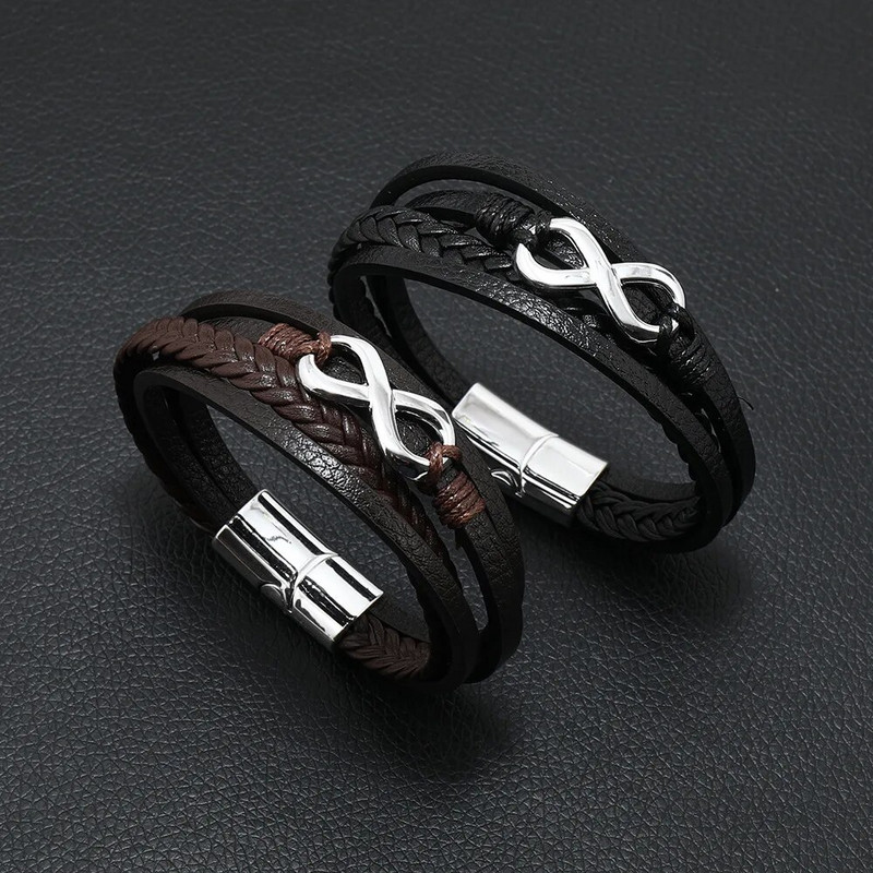 Brățară din piele punk de modă pentru bărbați Brățară din oțel inoxidabil Brățară pentru bărbați cu frânghie împletită în mai multe straturi Cadou pentru iubitori