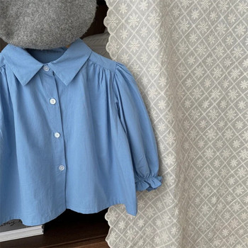 7353 2023 Блуза с дълги ръкави за момичета Есенна нова модна синя риза за момичета Детски горнища Бебешки дрехи