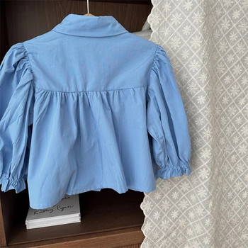 7353 2023 Блуза с дълги ръкави за момичета Есенна нова модна синя риза за момичета Детски горнища Бебешки дрехи