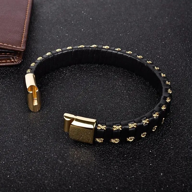 Jiayiqi Punk új bőr karkötő fekete fonat arany színű rozsdamentes acél karkötők férfiaknak ékszerek divat karácsonyi ajándékok