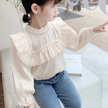 Бебешки тениски за момичета Детски блузи с дълги ръкави Памучна риза за малки деца Перлени горнища 2023 Пролет Есен Детски дрехи в корейски стил