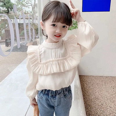 Tricouri pentru fetițe Bluze cu mâneci lungi pentru copii mici Cămașă din bumbac Topuri cu perle 2023, primăvară toamnă, haine în stil coreean pentru copii